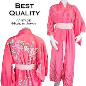 Japanese Kimono OS Pink White Silky Embroidered Chrysanthemums Florals Birds VTG